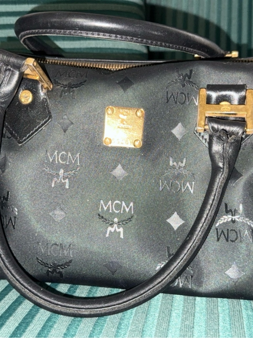 Authentic Vintage MCM Black Coated Boston Top-Handle Bag with Gold Hardware
